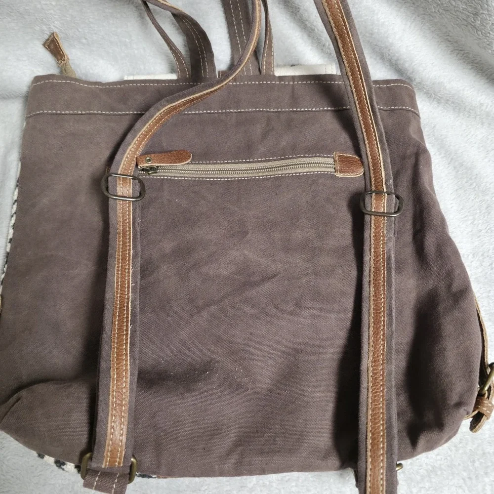 Myra Bag Oriental Cowhide Backpack S-1269 Upcycled Canvas Rug Leather Western